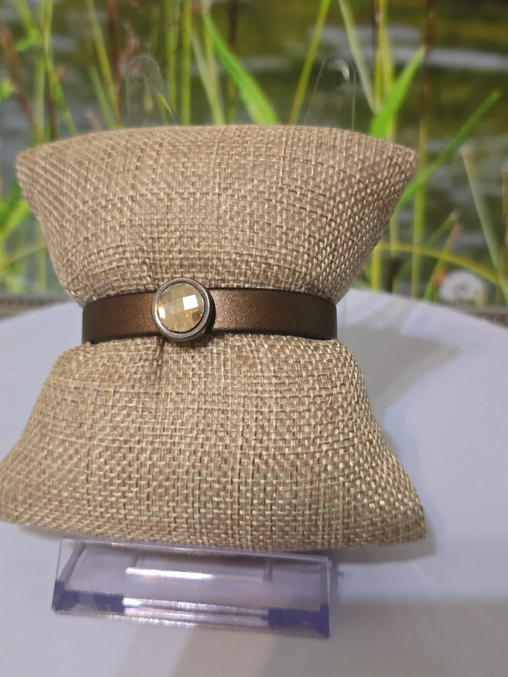 Handmade Brown Leather Magnetic Clasp Bracelet Champagne Crystal Boho Minimalist